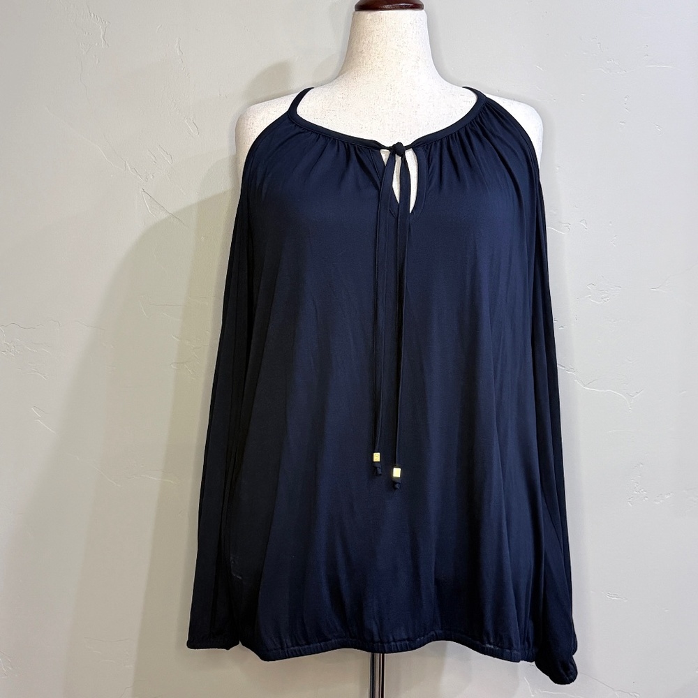 Michael Kors Plus Size Navy Blue Long Sleeve Cut Out Halter Blouse - Size 2X